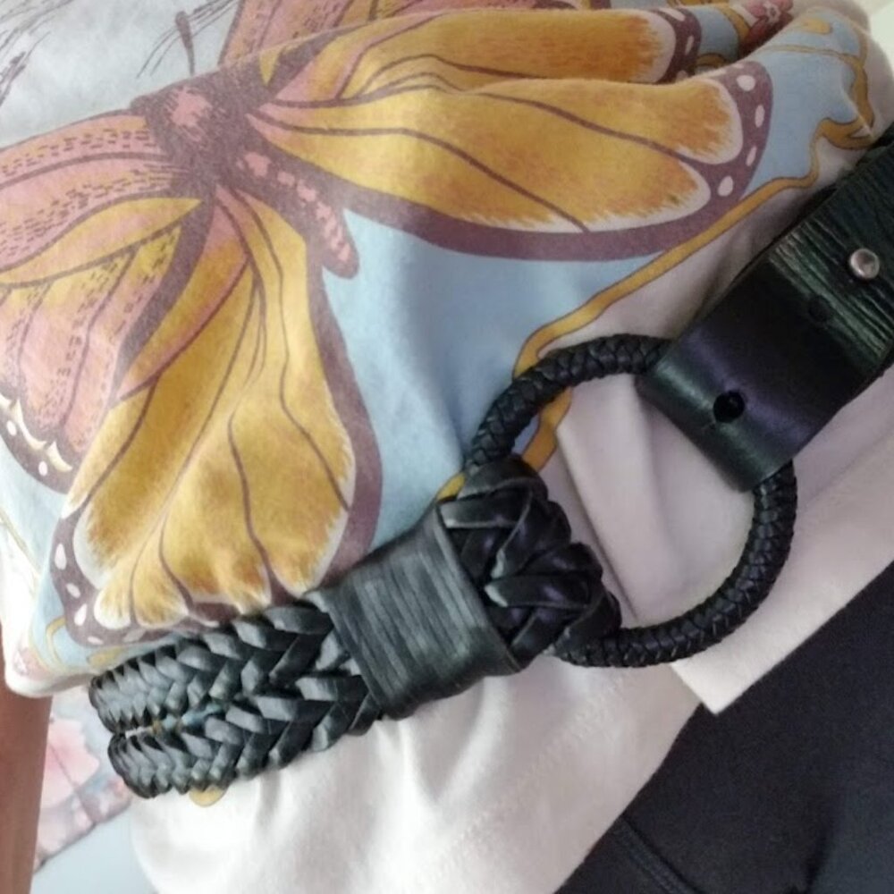 Black Leather Double Braided Strap Belt with Loop and Peg Closure, Size M / L